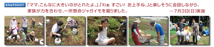 「ママ、こんなに大きいのがとれたよ。」、「わぁ すごい! お上手ね。」と楽しそうに会話しながら、家族が力を合わせ、一所懸命ジャガイモを掘りました。―7月3日(日)実施